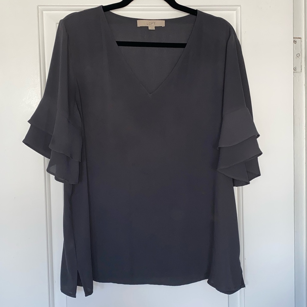 Loft grey ruffle sleeve top size large